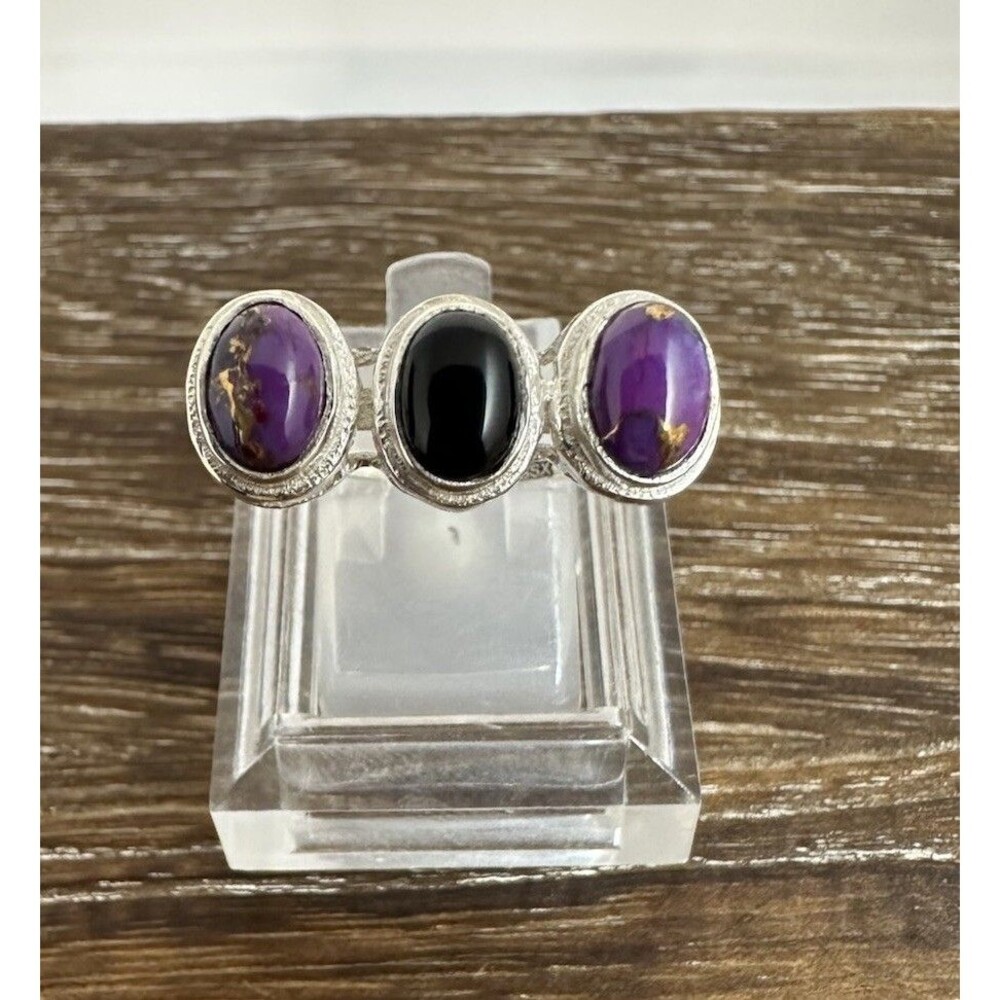 Southwest Style Sterling Silver Purple Copper Turquoise and Black Onyx Ring Sz 9